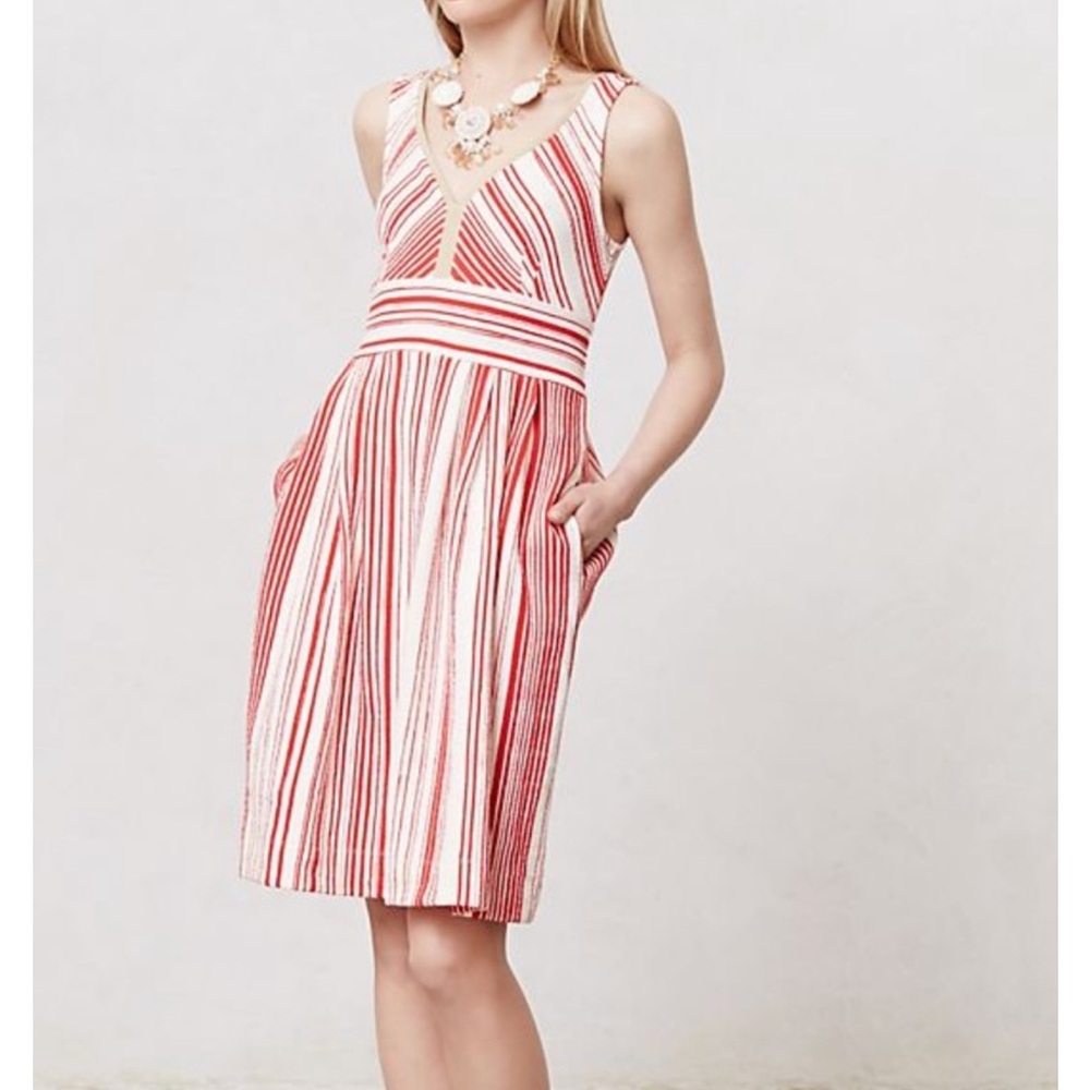 Anthropologie Sleeveless V-Neck Red and White Striped Midi Dress